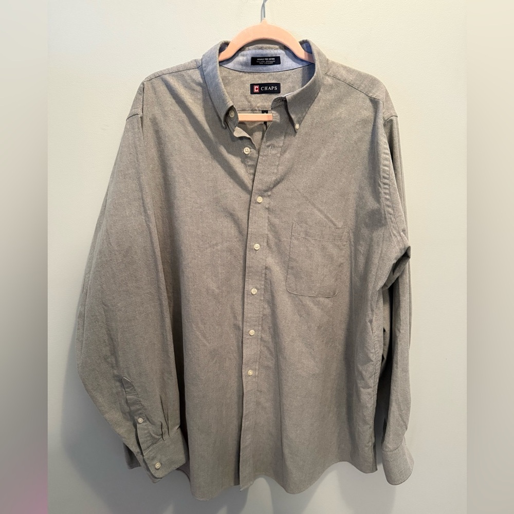 Chaps Casual Gray Button Down Shirt Wrinkle Free Oxford Big